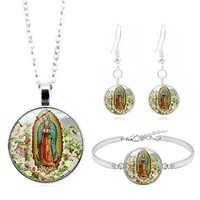 virgin mary art photo jewelry set cabochon glass pendant necklace earring bracelet totally 4 pcs for womens fashion party gifts