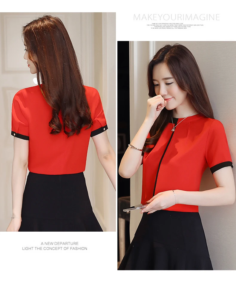 

Houthion New Chiffon Women's Blouses Fashion Shirt Short Sleeve Top O-neck Loose Solid Blouse Summer Regular