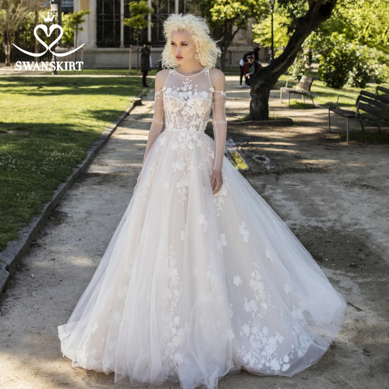 Сказочное свадебное платье с круглым вырезом и бусинами Платье трапециевидной