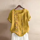 Блузки Женская кружевная блузка с цветочной вышивкой в богемном стиле с круглым вырезом с коротким рукавом Свободная рубашка летние белые топы размера плюс 5XL