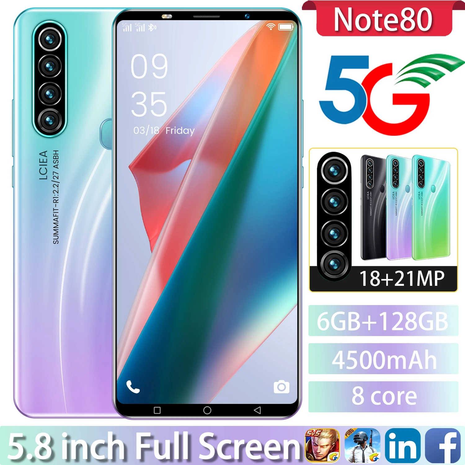 

HuaWe Note80 5.8Inch Global Version 8+128GB 5G LTE Smartphone 8 Core 18+21MP Camera Cellphone Screen 4500mAh Battery Mobilephone
