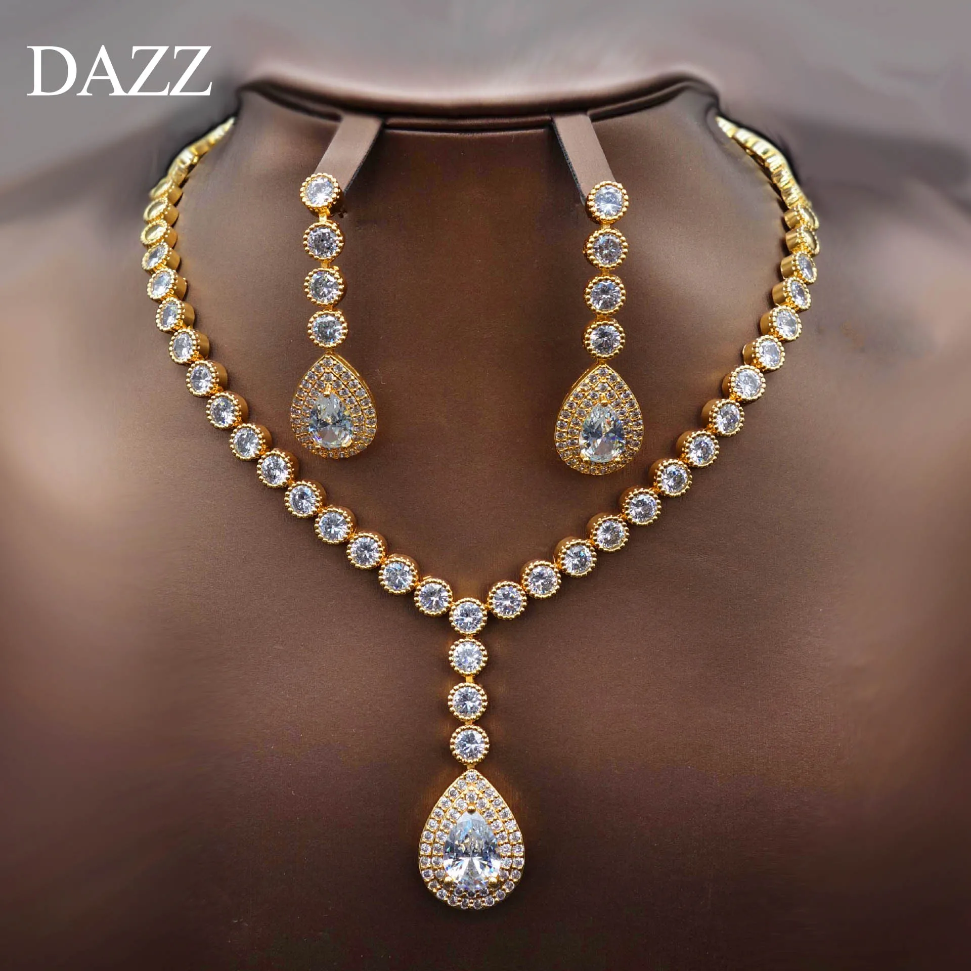 Dazz, роскошные, золотые, изысканные, CZ Циркон, Висячие ожерелья, серьги, ювелирные наборы, элегантные, женские, вечерние, свадебные аксессуары для одежды Naija - Окраска металла: gold color