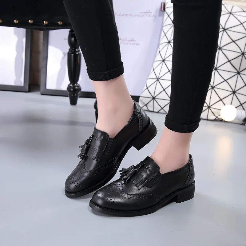 

Туфли женские из воловьей кожи на толстом каблуке, лоферы, без застежки, с бахромой, деловой и деловой стиль, для отдыха, летняя обувь