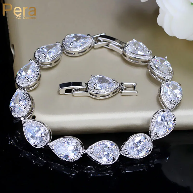 

Pera Luxury Wedding Party Accessories White Gold Color Big Water Drop Cubic Zirconia Bracelets & Bangles For Bridesmaid B001
