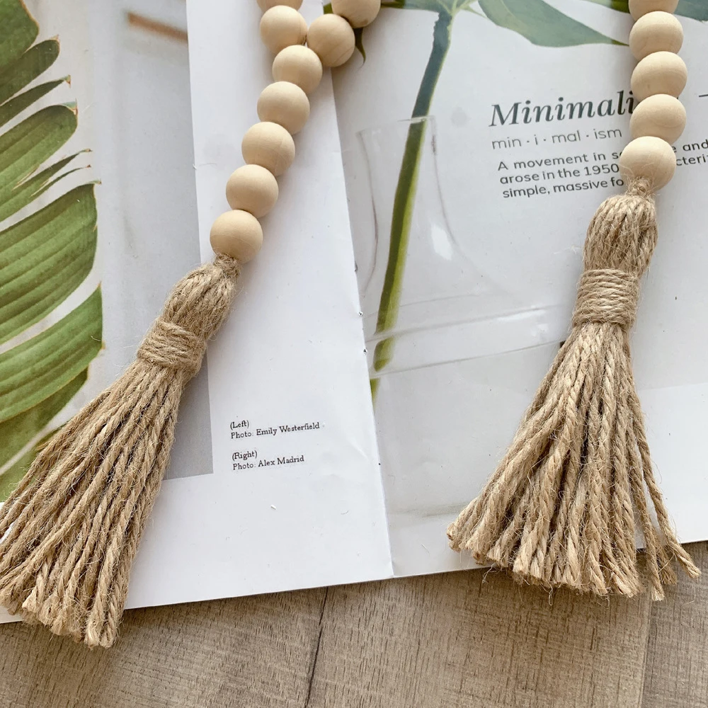 

6pcs Wood Bead Garland with Tassels Linen Rope Wood Bead String for Farmhouse Rustic Country Wall Hanging Decoration