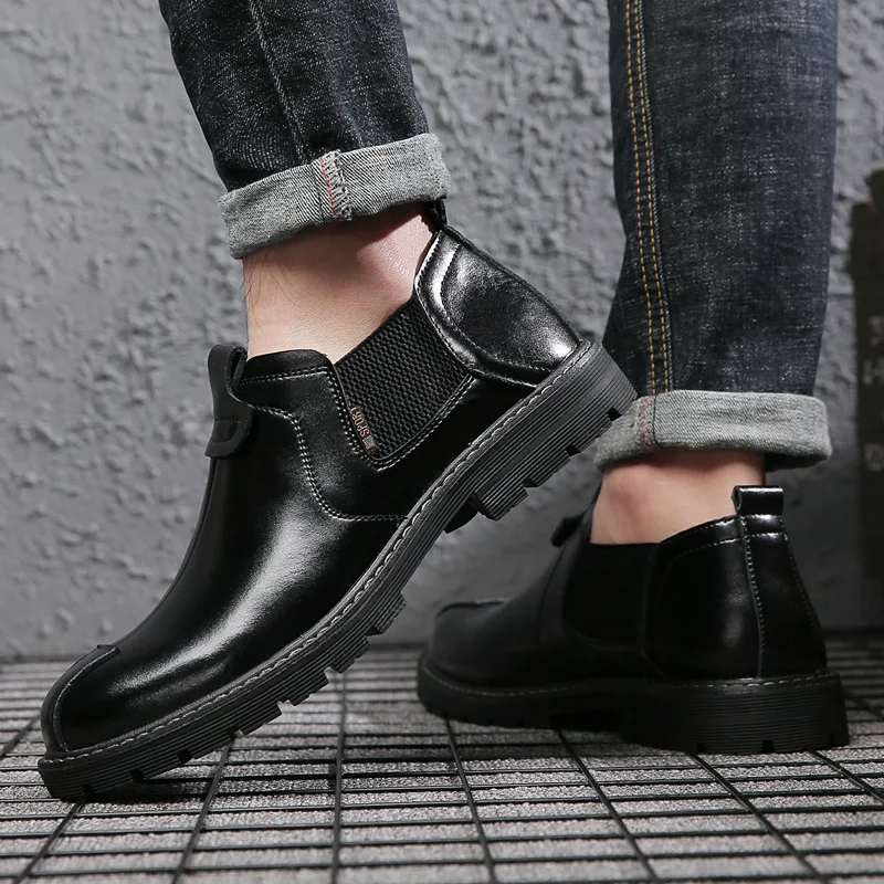 Мужские зимние кожаные ботинки на шнуровке теплые меховые ботильоны из воловьей