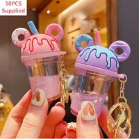 50pcs cartoon mickey head keychain cute donut milk tea cup liquid quicksand sequin keyring charm bag car pendant for women