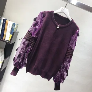 Осенне-весенние женские пуловеры, трикотажная одежда с круглым вырезом, сетчатые рукава с вязанными топами Aqqliques, свободная модная верхняя одежда, костюм