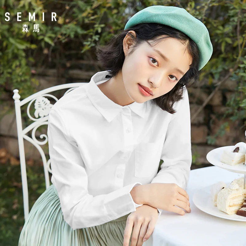 Блузка SEMIR Женская с длинным рукавом хлопковая рубашка отворотом и карманами топ