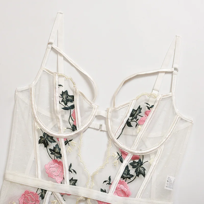

2021 New Gathered Bodysuit Women Underwear Sexy Embroidery Lace Mesh Floral Strap Bustier Teddy Lingerie One-piece Erotic Corset