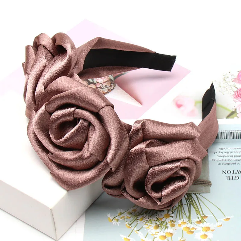 Brown (Satin) Однотонный Шифоновый Цветок Розы ободки для женщин девушек элегантные повязки для волос невесты женские аксессуары для волос вечерние праздничные волосы обруч - Цвет: Brown (Satin)