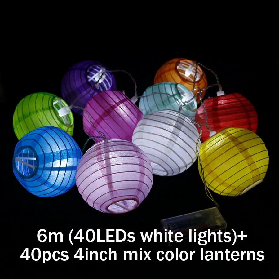 6m 40pcs mix 20 шт./компл. 4 дюйма теплый белый Бумага Фонари светодиодный Красочные подвесной светильник, гирлянды на Рождество Свадебные украшения - Цвет: 6m 40pcs mix