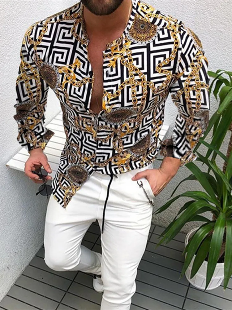 New Style Men's Casual Long Sleeve Shirts Fashion Flower 3D Printed Turn-Down Collar Slim Fit Gothic Party Single-Breasted Shirt
