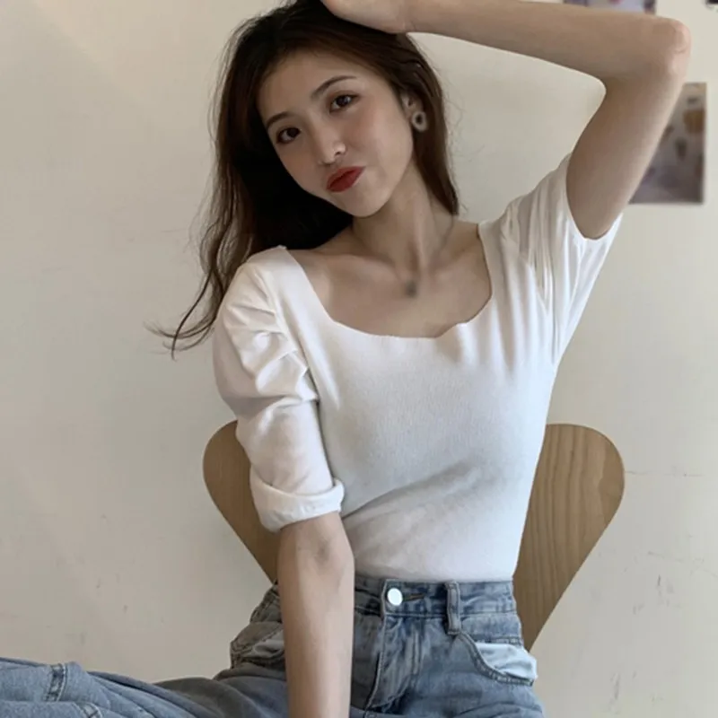 

2020 Women's Korean Style Fashion Square Collar Short Sleeve Knitted Slim Pullover T-Shirt