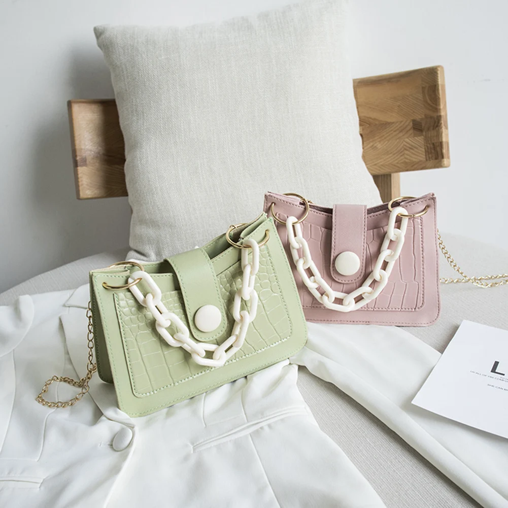 

Fashion Stone Pattern Women Chain Shoulder Bag Simple PU Leather Solid Color Crossbody Handbags Phone Clasp Purses Wristlet
