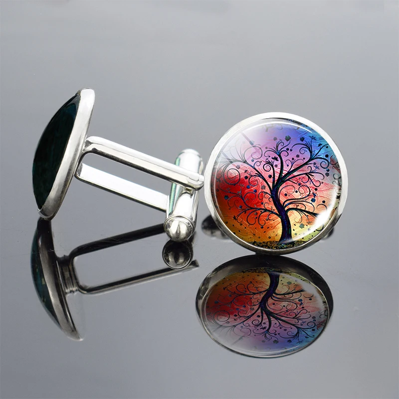 Роскошные мужские запонки стеклянные с кабошоном и деревом жизни Свадебные