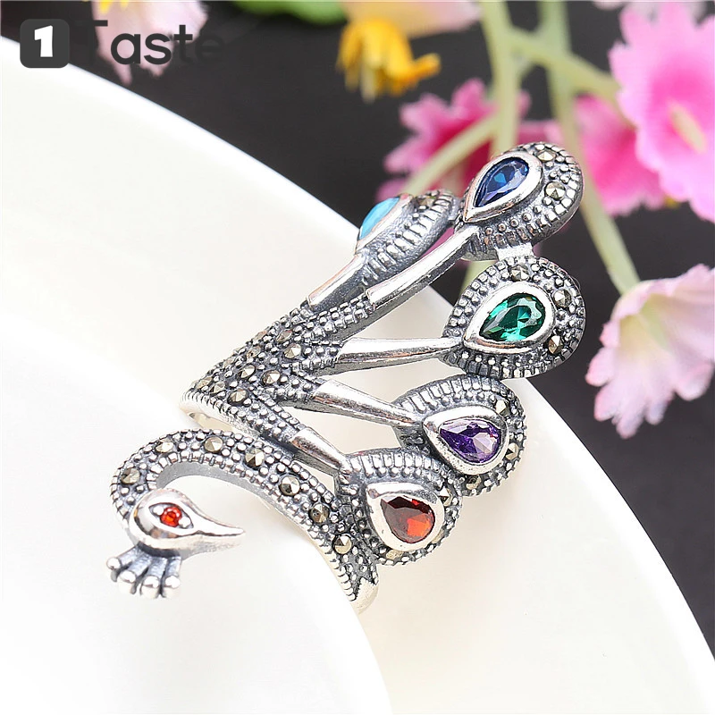 

ONE TASTE S925 Silver Marcasite Stone Peacock Ring For Women Vintage Thai Silver Trendy Resizable Rings Fine Jewelry Party Gift