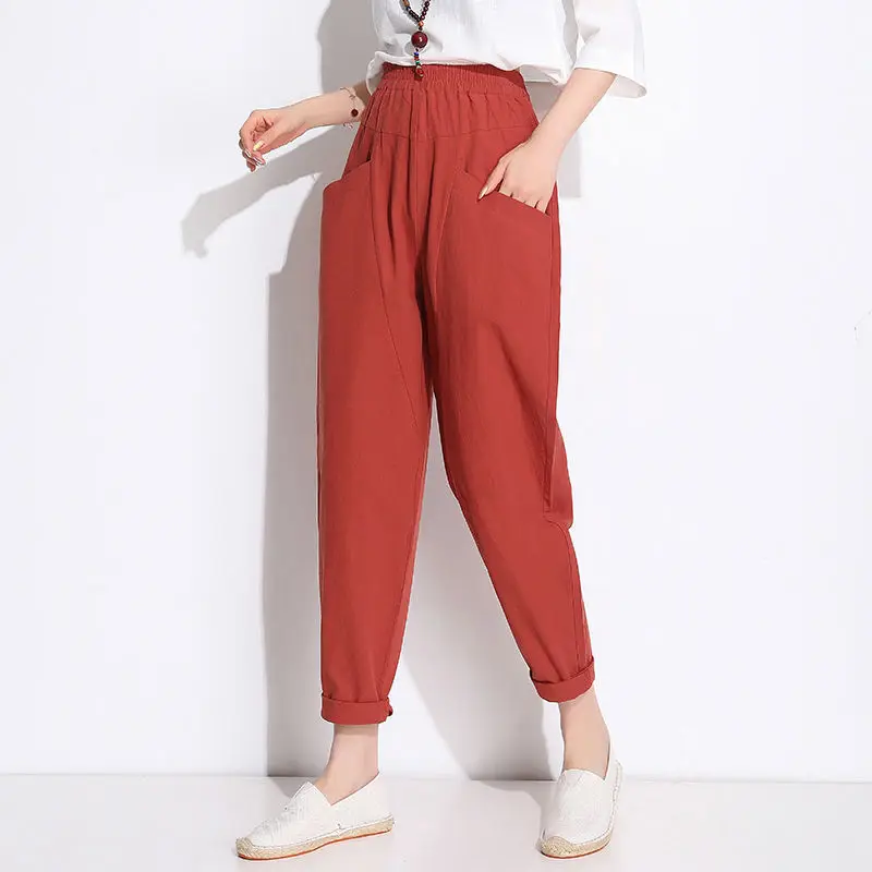 

Plus Size 4XL Casual Linen Pants 2020 Women's Trousers Vintage Pantalon Female Elastic Waist Printed Turnip Harem Pants F119