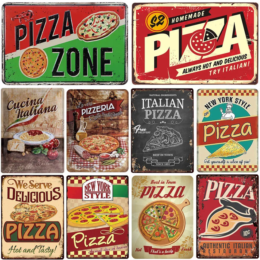 

Pizza sign retro tin plate painting vintage metal picture wall decoration for pizzeria restaurant dining room