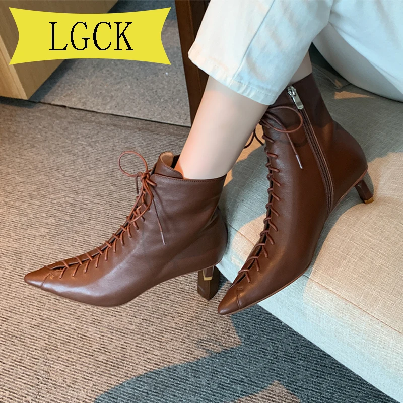 Harga Ukuran 34-40 Fashion Zipper Sepatu Wanita Hak Tinggi Kulit Asli Renda Boot Sepatu Wanita Fashion Pergelangan Kaki Sepatu Wanita Sepatu