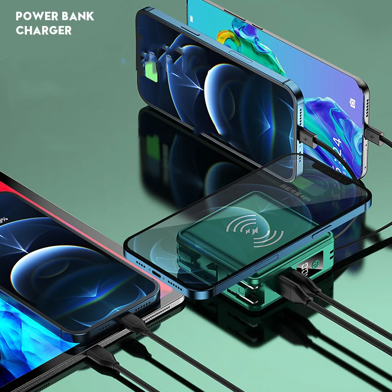 

15000mAh Qi Wireless Charger Power Bank Built in Cable Powerbank Portable Wall PD QC 3.0 Fast Charger External Battery Poverbank