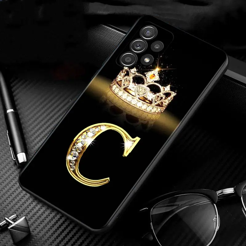 For Samsung Galaxy A21s A02s A03s A12 A02 A51 A71 A41 A31 A11 A01 A72 A52 A42 A32 A22 A52s Case Diamond Glod Crown Letter Number