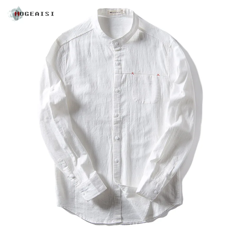 

Design men's Cotton hemp autumn shirt casual stand collar long sleeve shirt imitation hemp slim solid color men's shirt