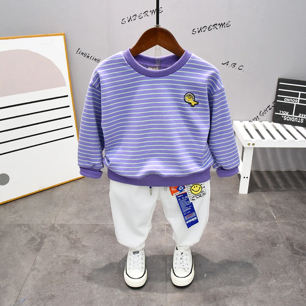 

2021 2pcs Spring And Autumn Baby Boy Children Causal Striped Printing Suit Hoodies + Pant Boys Clothes Kids Clothes sets 2-7