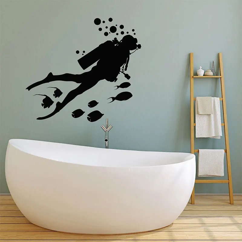 

Scuba Diving Wall Decal Diver Fishes Bubbles Underwater Vinyl Stickers Home Decor Bathroom Decals Waterproof Murals E818