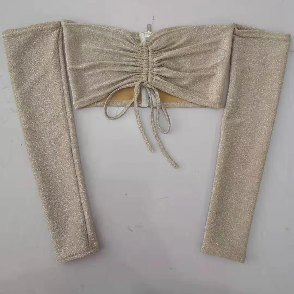 

Women Two Piece Set Bodycon Sexy Two Piece Long Sleeve Strapless Crop Top And Skirt Female Drawstring women sets