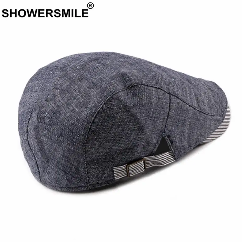 SHOWERSMILE Navy Cotton Linen Flat Cap for Men Summer Beret Man British Style Vintage Casual Baret Adjustable 55-60cm