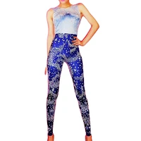 women sleeveless backless skinny stretch jumpsuit sparkly star print bodysuit singer performance stage wear evening prom costume