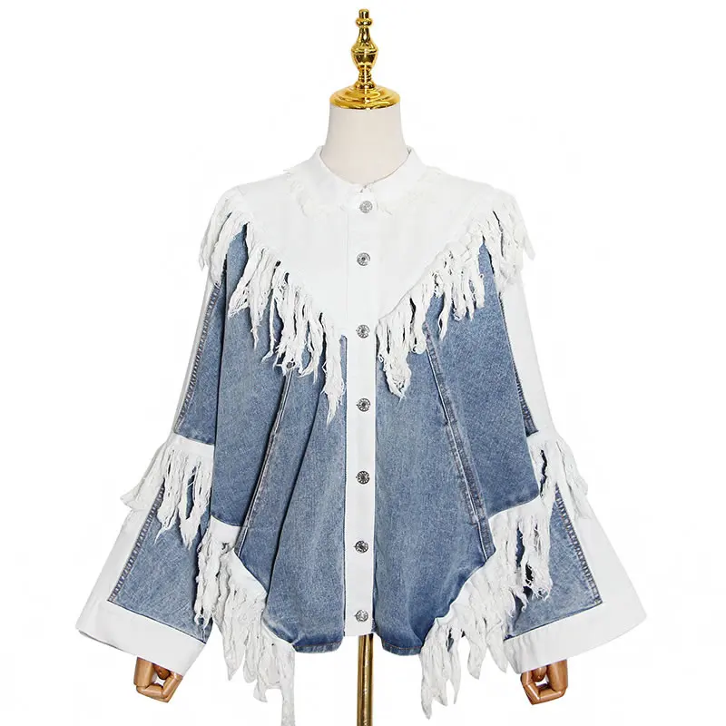 

XITAO Splicing Tassel Coat Women Whiter The New Contrast Color Turn-down Collar Single Breasted Street Fashion Trendy ZY2027