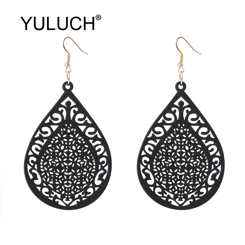 

YULUCH, винтажные женские серьги, женские, черные, красные, полые, деревянные, модные ювелирные изделия, этнические, африканские, серьги-капли д...