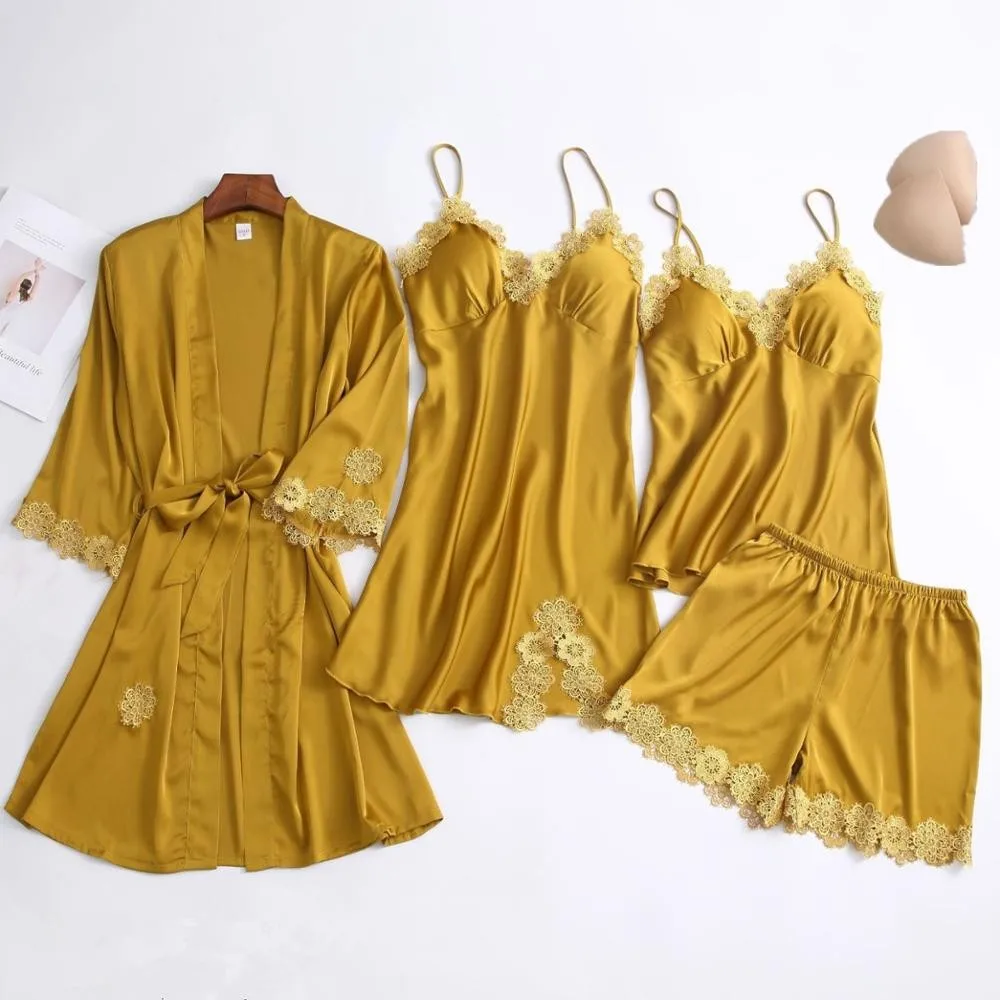 Новинка весна Атласный Женский пижамный комплект из 4 предметов ночная рубашка