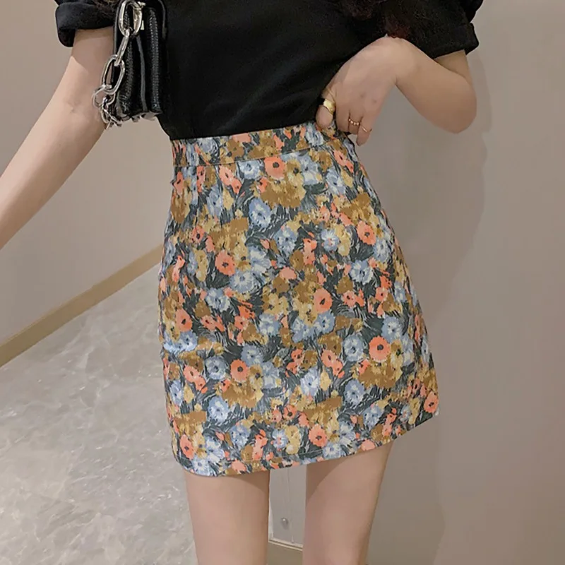 

Summer Women's Oil Painting Floarl Print Slim Sexy High Waist Pack Hip Daisy Polyester Short Skirt