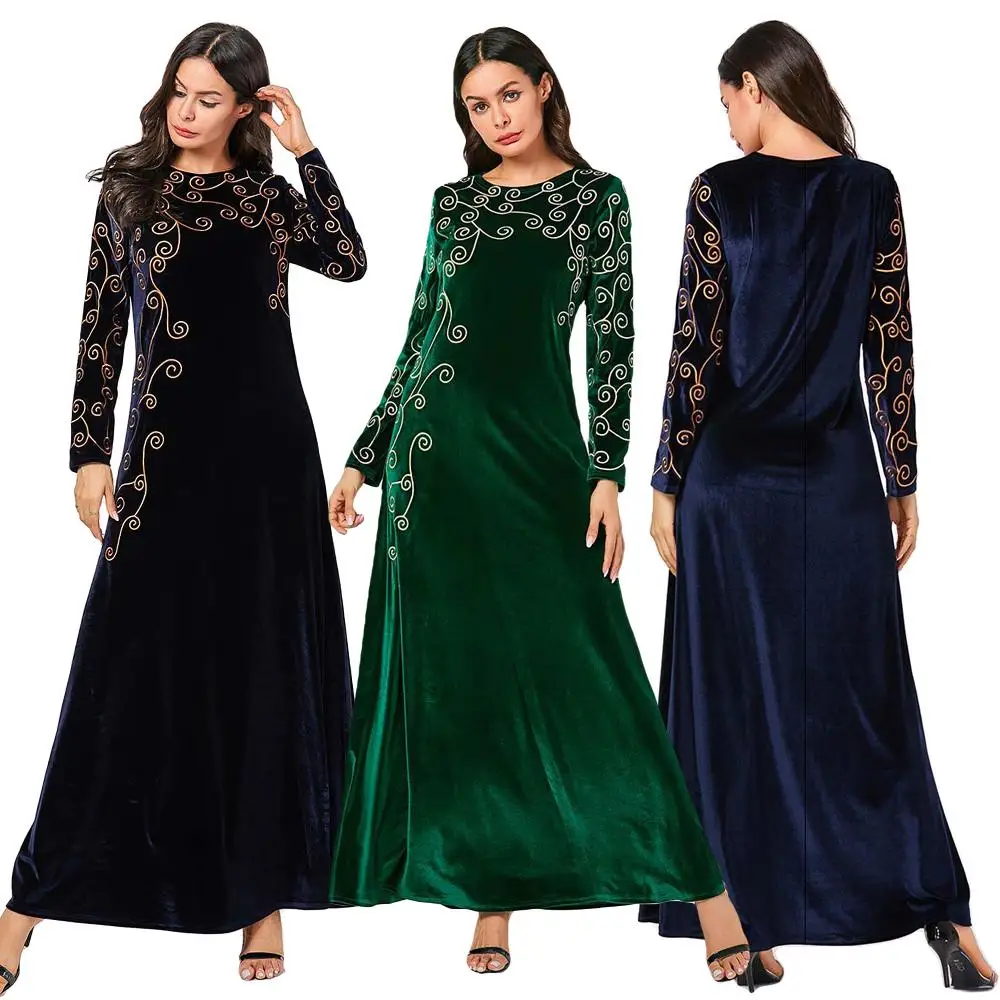 Осень Зима мусульманское женское бархатное платье с длинным рукавом абайя