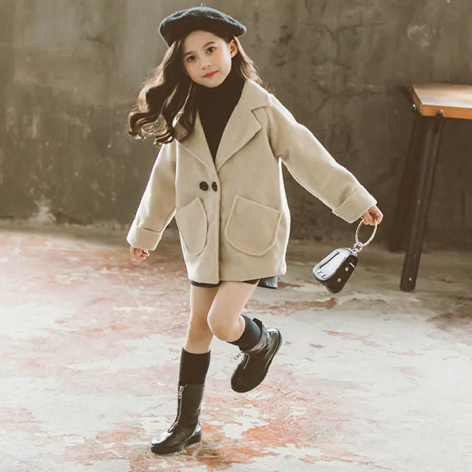 Winter Jacket Girl Solid Slim Outerwear Plus Thick Wool Coat For Girls Autumn Korean Kids Clothes 6 8 10 12 14 | Детская одежда и