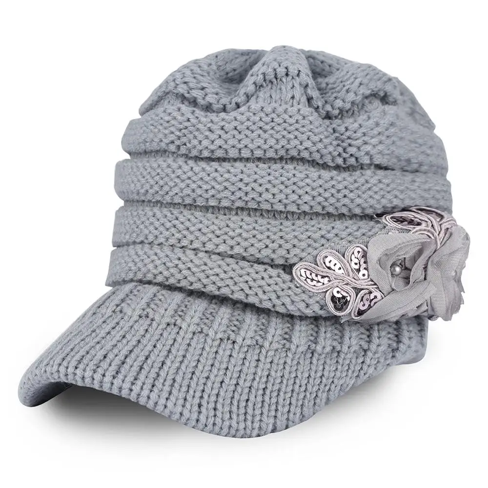 Женские зимние вязаные шапки с козырьком элегантная шерстяная шапка аппликацией