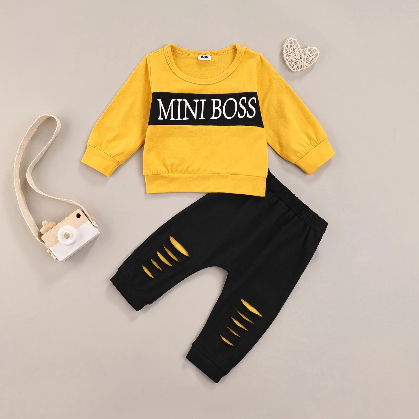 

Костюм для новорожденных Emmababy из 2 предметов, свитшот с длинным рукавом и круглым вырезом, с буквенным принтом и рваными брюками, 0-18 м