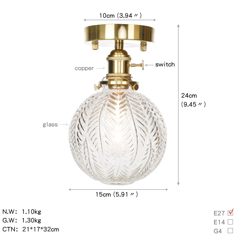 American Copper LED Ceiling Lamp Loft Decor Brass Glass Modern Light Antique Living Room Aisle Home Lighting Fixtures | Лампы и