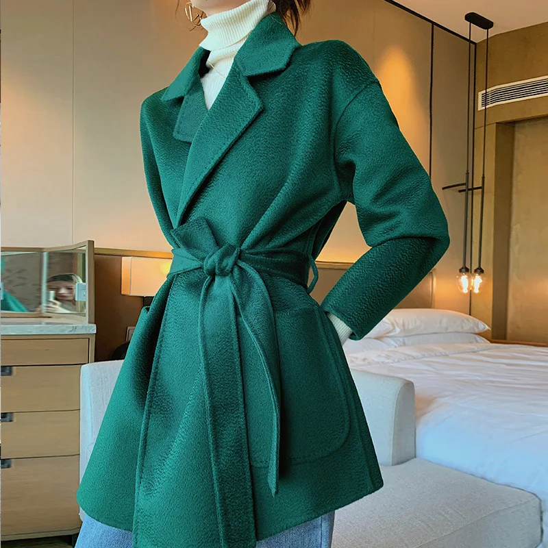 

Water ripple double-faced cashmere coat women's autumn and winter mid-length and small loose-fitting double-faced woolen coat