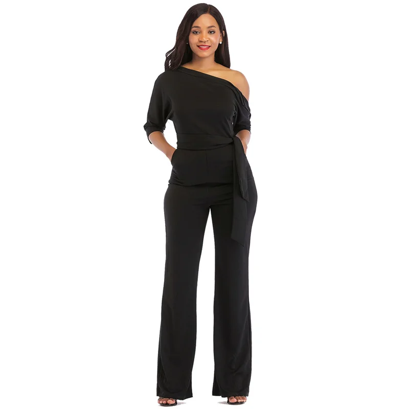 

One Piece Outfit Women Sexy Half Sleeve Inclined Shoulder Waistband Stretch 9 Colors Elegant Jumpsuit Wholesale Dropshipping