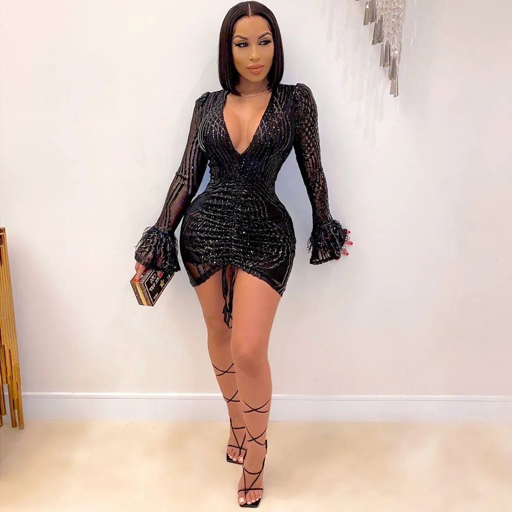 

Glitter Sexy Sequin Dress Women Party Night Club Bodycon Dress Feather Flare Sleeve V-neck Birthday Black Mini Dress Elegance