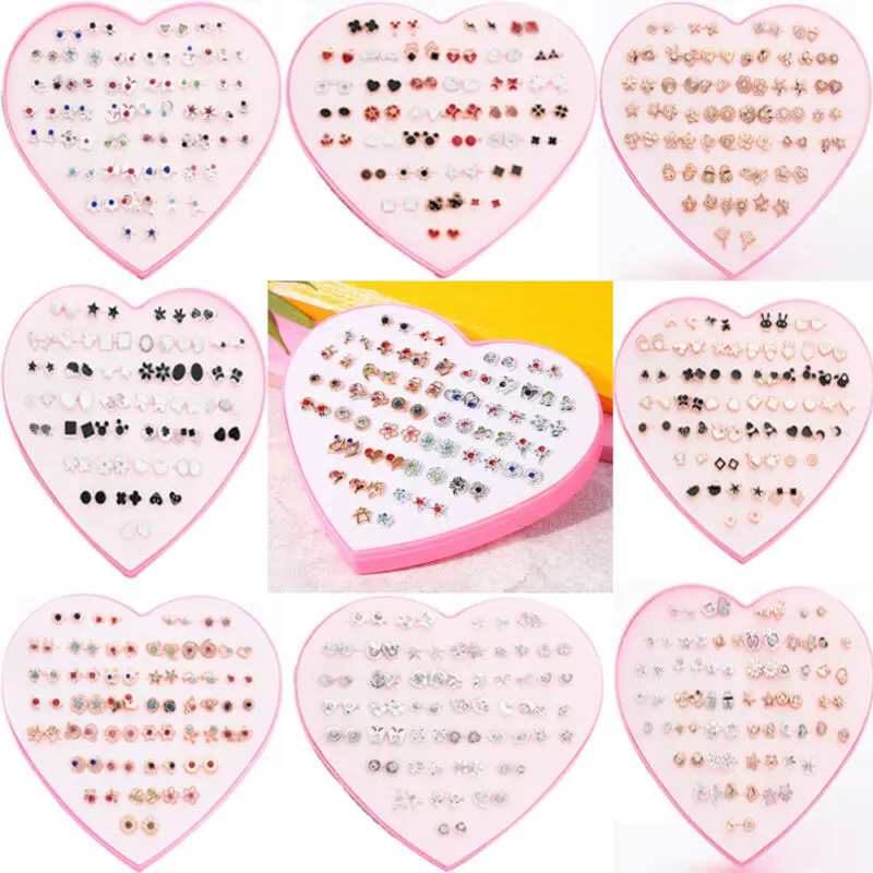36 Pairs Of Crystal tud Earrings Set Cute cat stars moon With Heart Shape Box Gifts Women Girl dropshipping | Украшения и