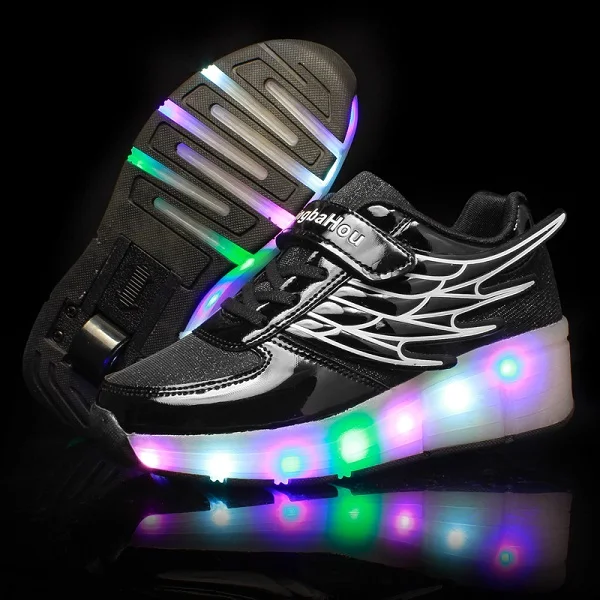 K03 Black Детские светящиеся кроссовки розового и золотого цвета; детская обувь для роликовых коньков; детские туфли со светодиодной подсветкой; кроссовки для мальчиков и девочек с колесами; Heelies - Цвет: K03 Black