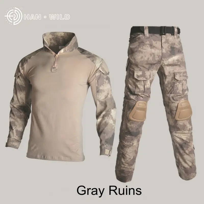 Gray ruins Тактическая Военная Боевая форма, рубашка с камуфляжем мультикам+ штаны, налокотники, наколенники, военная одежда армии США, черный Камуфляжный костюм, одежда для охоты - Цвет: Gray ruins
