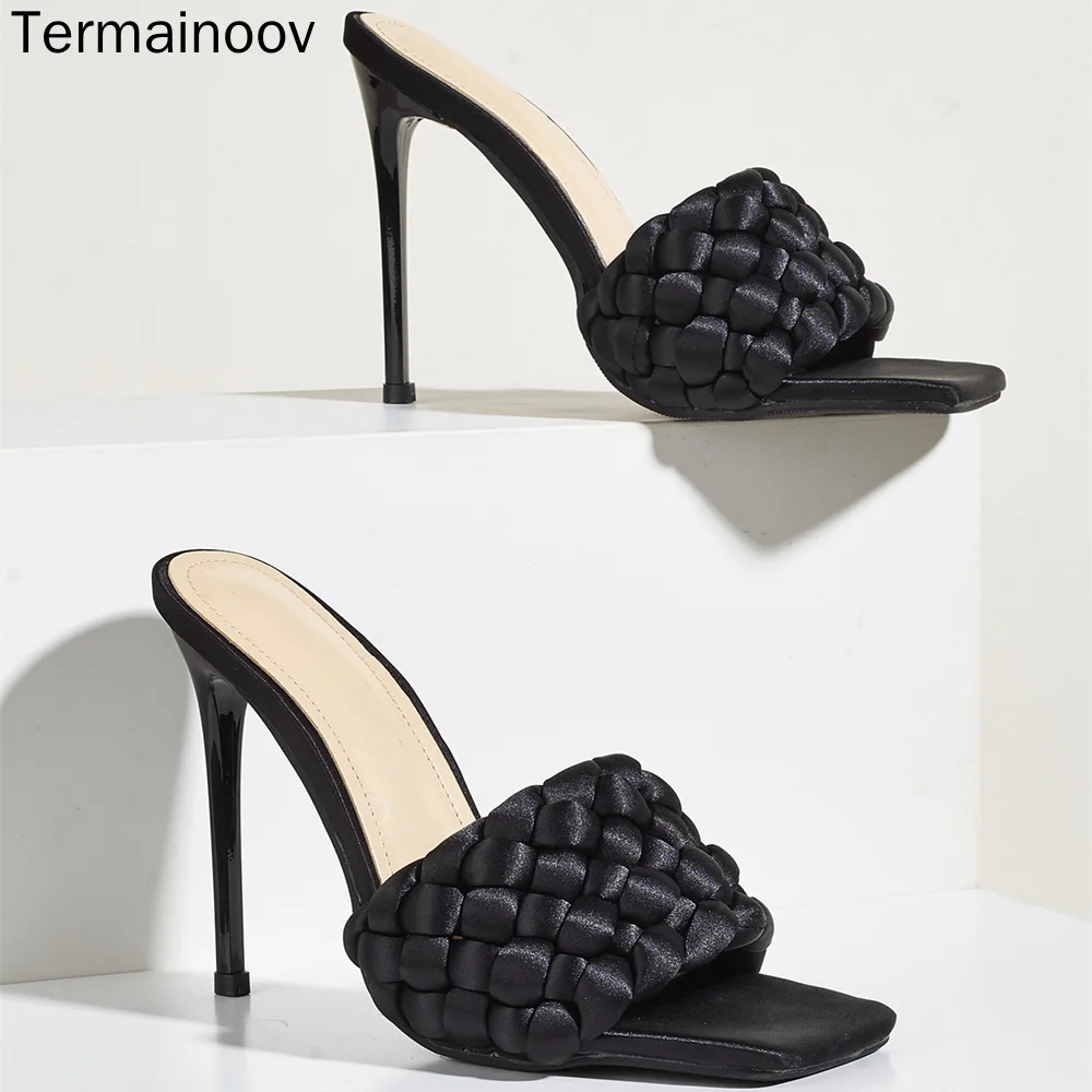 

Termainoov Women Slippers Weave Fashion Ladies Slippers Square Toe Stiletto High Heel Sandals Plus Size