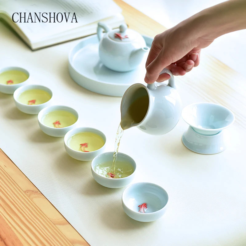 CHANSHOVA китайский стиль ручная резьба Селадон рыба шесть чайных чашек 45 мл голубой