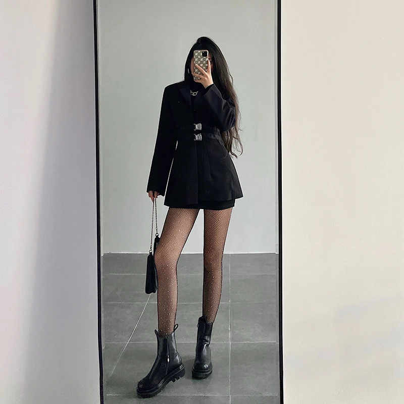 

WOMENGAGA Winter 2021 New School Bag Buckle High Waist Belt Show Slim Long Suit Coat Blazers Sexy Womens Tops NH1F